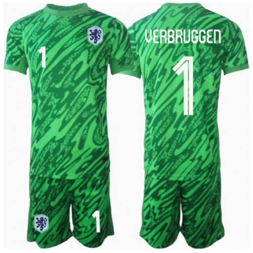 Dres Nizozemska Bart Verbruggen #1 Golmanski Domaci za djecu EP 2024 Kratak Rukav (+ kratke hlače)